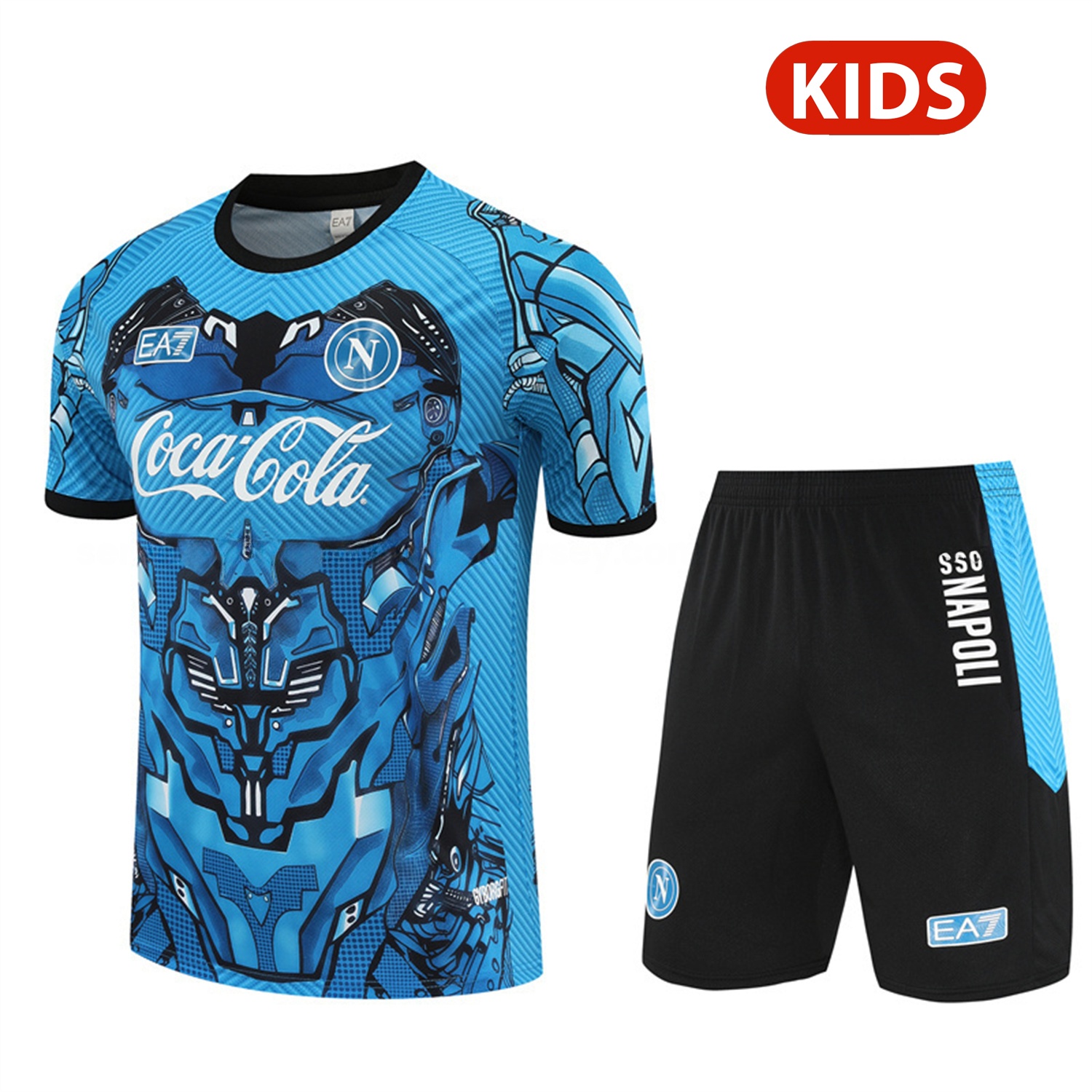 Napoli 25-26 Kids Short-Sleeve Training Set - Blue Mecha Top & Black Shorts - SOCCERDEALSHOP