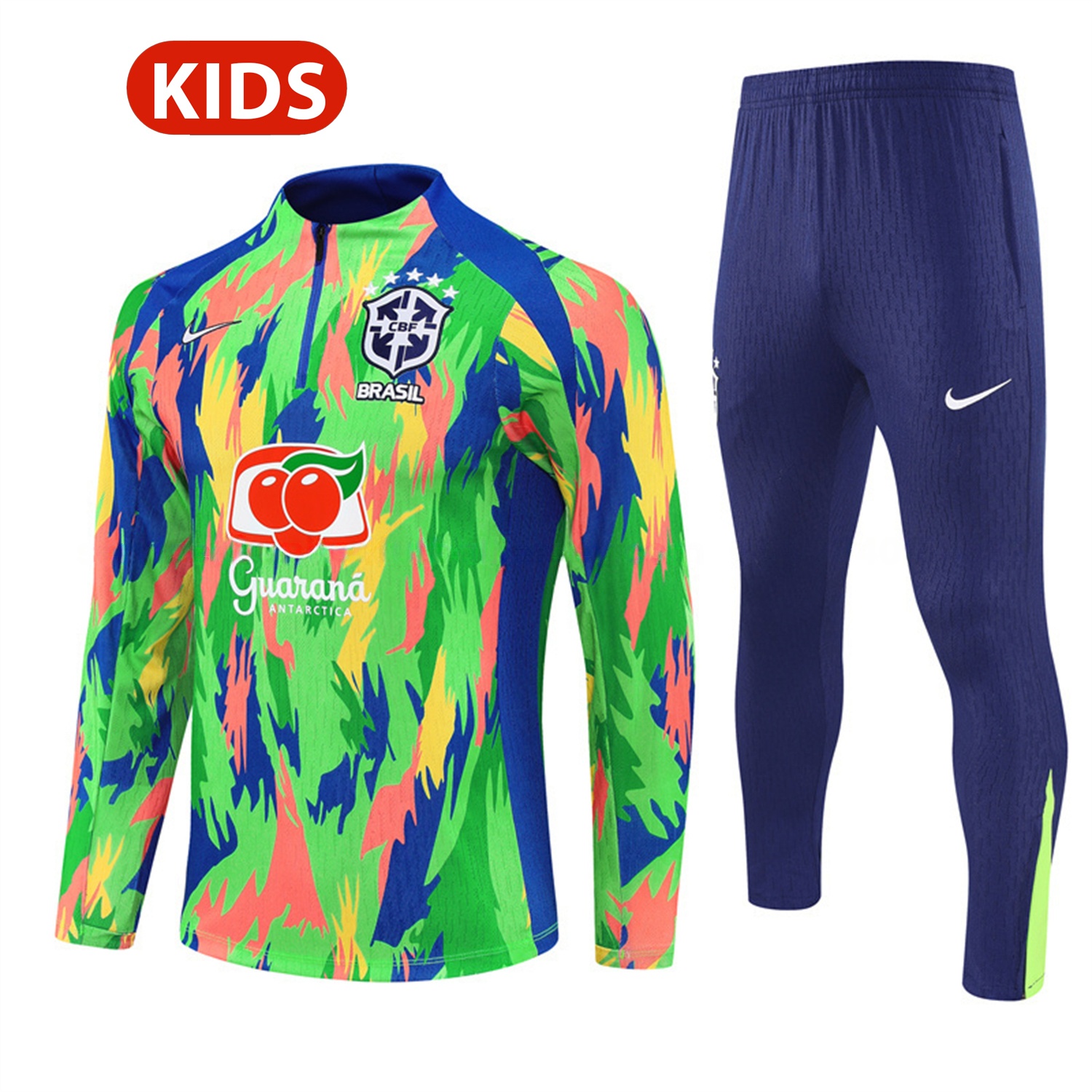 Brazil 25-26 Kids Long Sleeve Training Set - Colorful Camouflage Top & Royal Blue Pants - SOCCERDEALSHOP