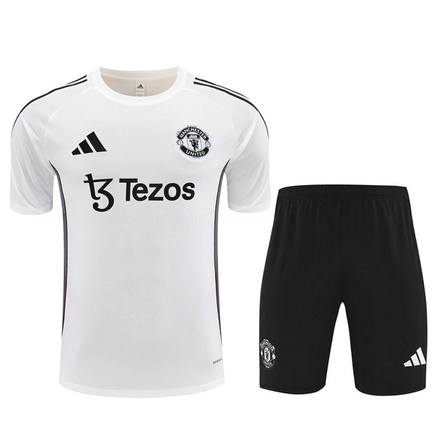 Manchester United 25-26 Short-Sleeve Training Set - White Purple Top & Black Shorts - SOCCERDEALSHOP