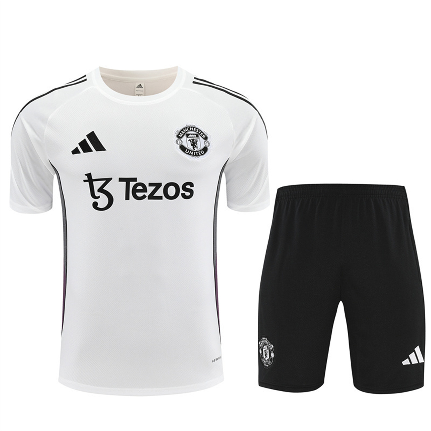 Manchester United 25-26 Kids Short-Sleeve Training Set - White Purple Top & Black Shorts - SOCCERDEALSHOP