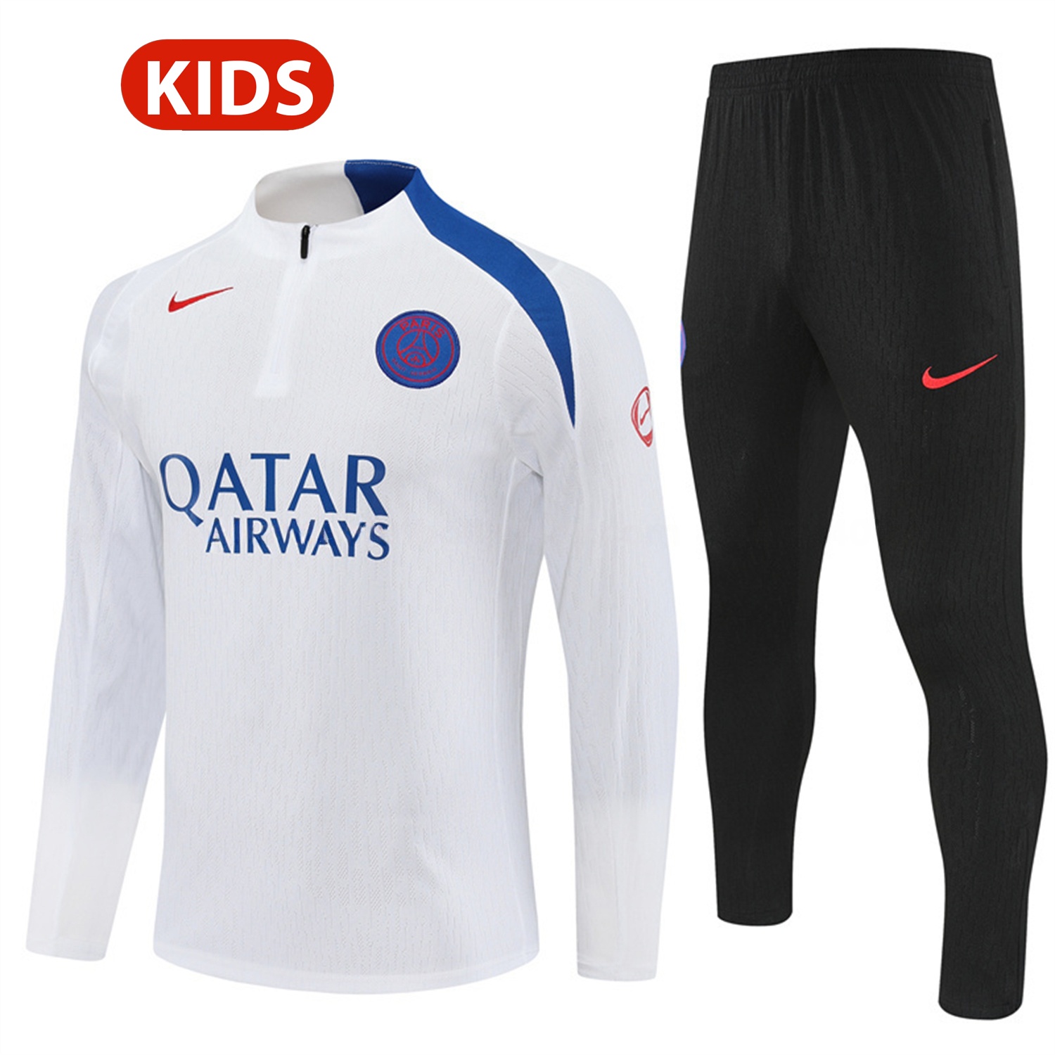 Paris Saint-Germain PSG 25-26 Kids Long Sleeve Training Set - Player Version - White Top and Black Pants - SOCCERDEALSHOP