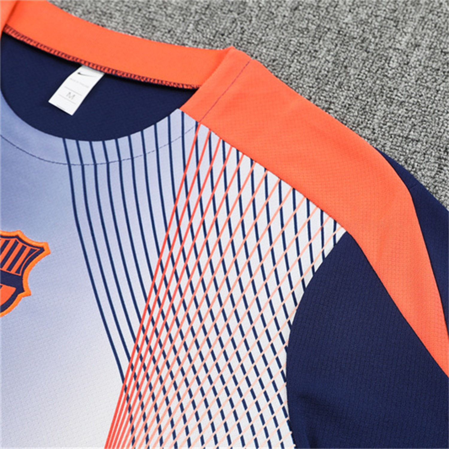 Barcelona 25-26 Kids Short-Sleeve Training Set - Red Blue Line Top & Blue Shorts - SOCCERDEALSHOP