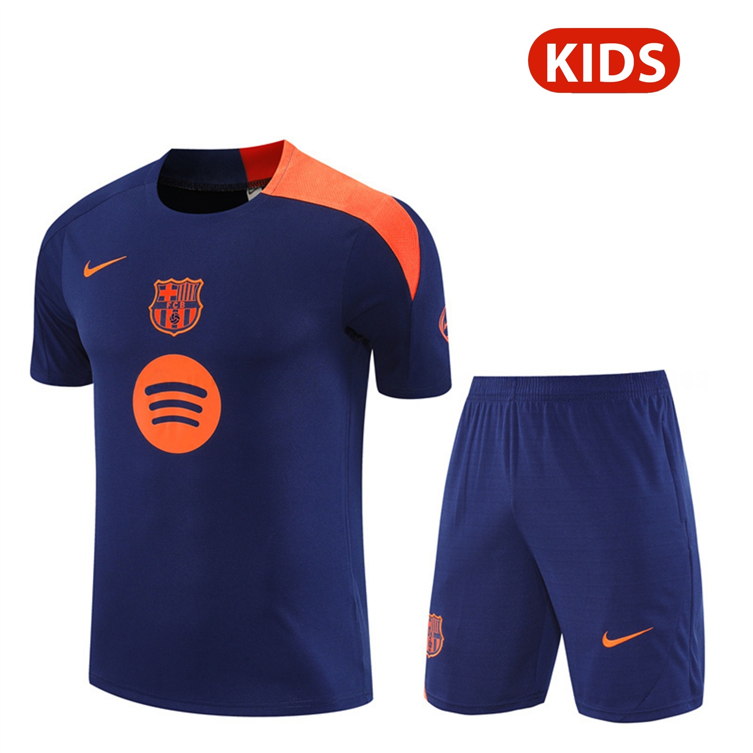 Barcelona 25-26 Kids Short-Sleeve Training Set - Royal Blue Top Orange Sponsor & Royal Blue Shorts - SOCCERDEALSHOP