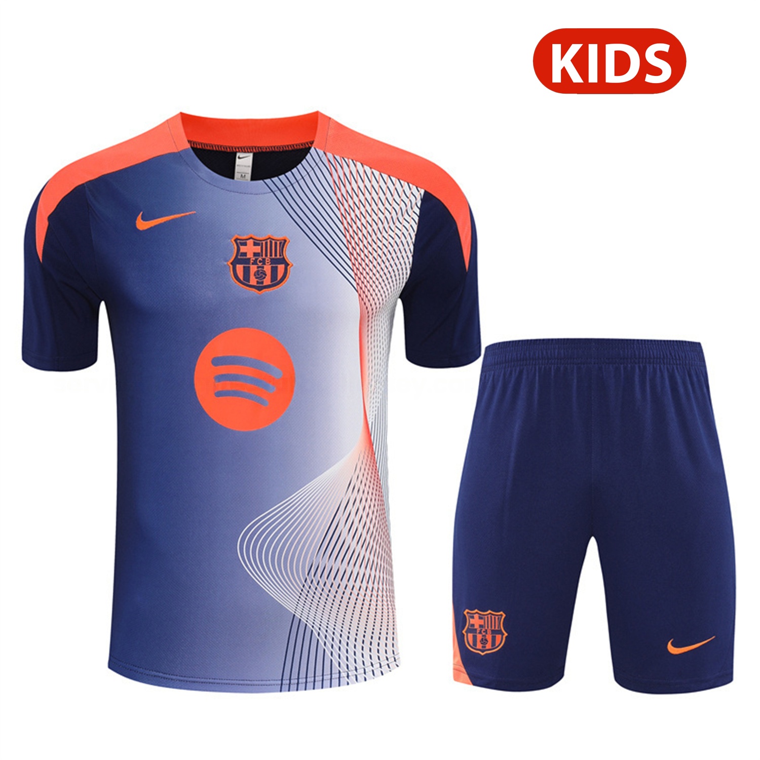 Barcelona 25-26 Kids Short-Sleeve Training Set - Red Blue Line Top & Blue Shorts - SOCCERDEALSHOP