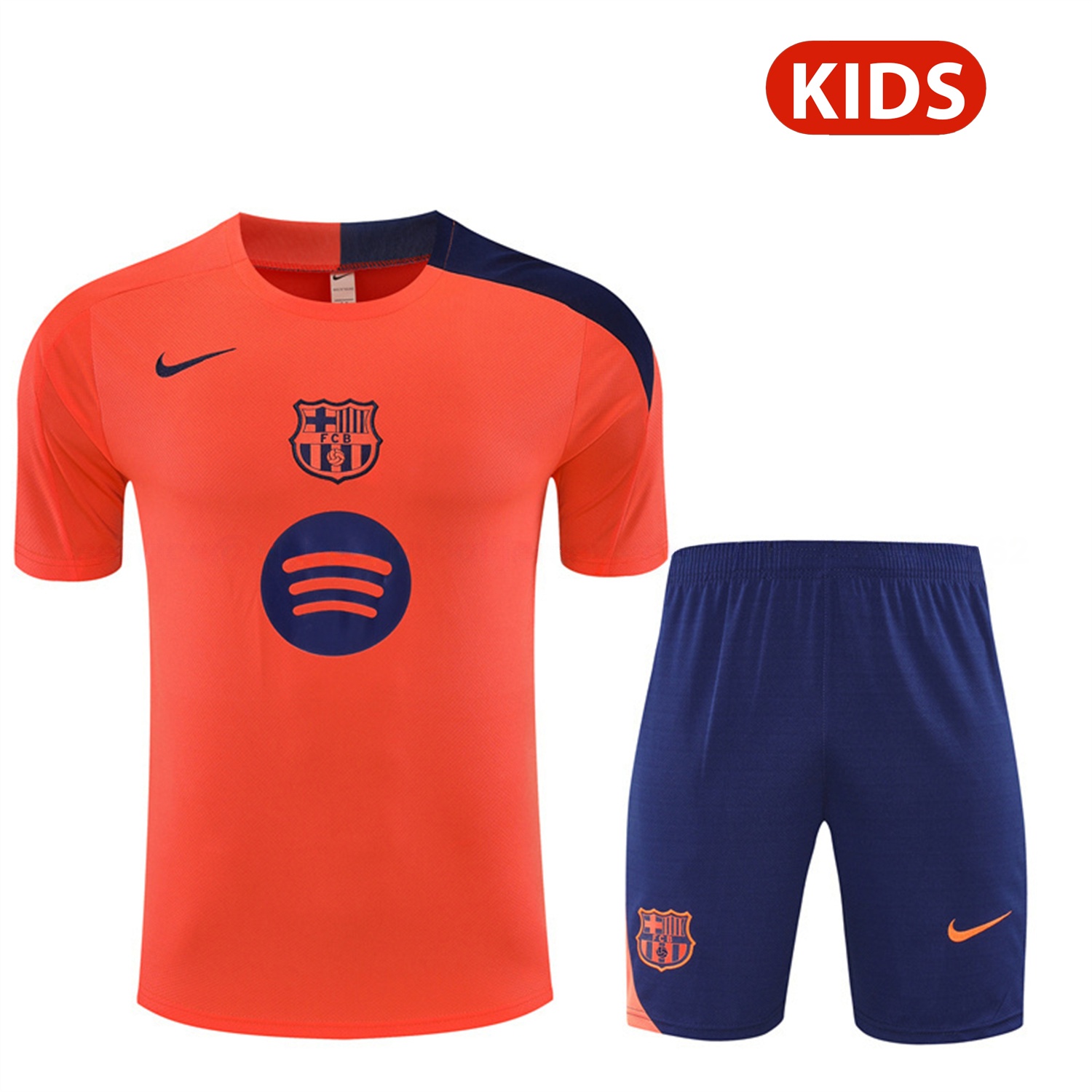 Barcelona 25-26 Kids Short-Sleeve Training Set - Orange Top Royal Blue Sponsor & Royal Blue Shorts - SOCCERDEALSHOP