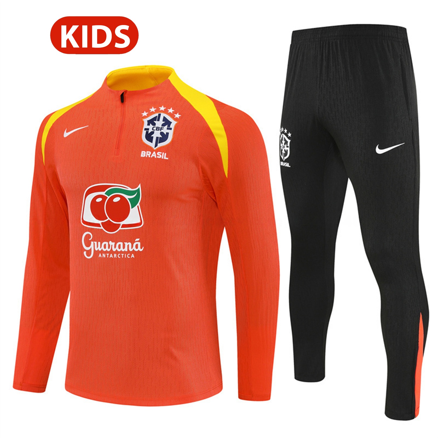 Brazil 25-26 Kids Long Sleeve Training Set - Player Version - Orange Top and Black Pants - SOCCERDEALSHOP