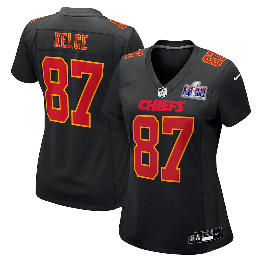 Womens Kansas City Chiefs Travis Kelce  Black Super Bowl LVIII Carbon Fashion Game Player Jersey