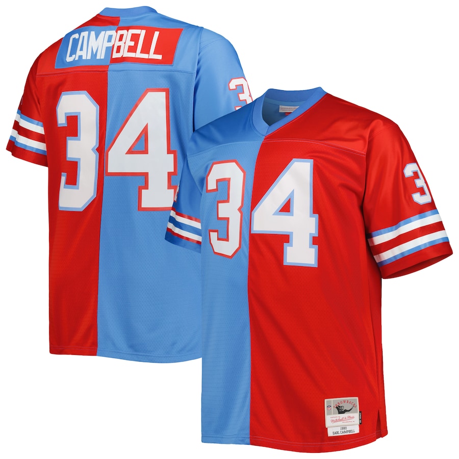 Mens Houston Oilers Earl Campbell  Light Blue/Red Big & Tall Gridiron Classics Split Legacy Retired Player Replica Jersey