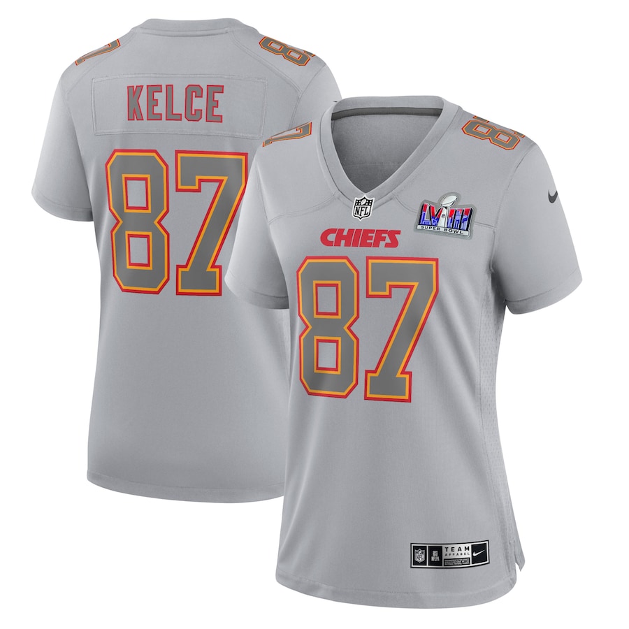 Womens Kansas City Chiefs Travis Kelce  Gray Super Bowl LVIII Atmosphere Fashion Game Jersey
