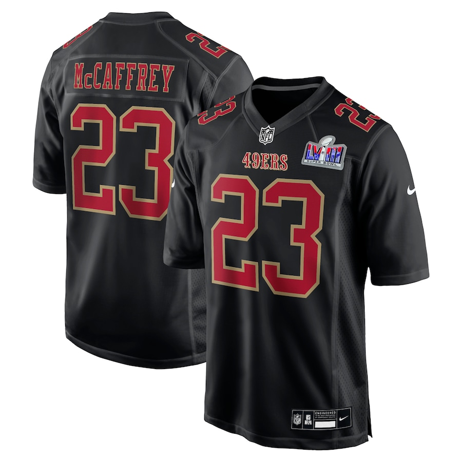 Mens San Francisco 49ers Christian McCaffrey  Black Super Bowl LVIII Carbon Fashion Game Player Jersey