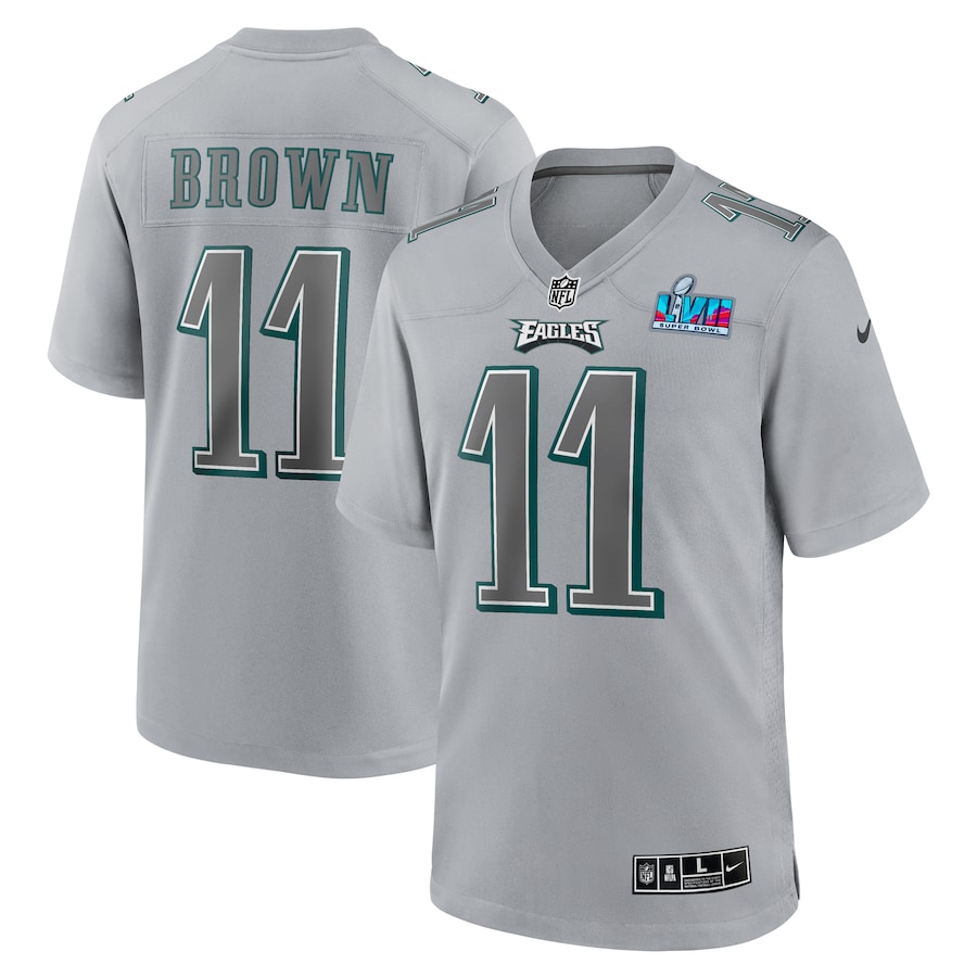 Mens Philadelphia Eagles A.J. Brown  Gray Super Bowl LVII Patch Atmosphere Fashion Game Jersey
