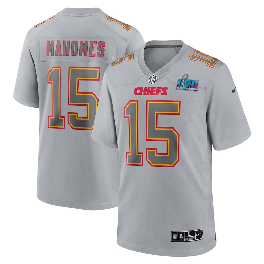 Mens Kansas City Chiefs Patrick Mahomes  Gray Super Bowl LVII (2022 Season) Patch Atmosphere Fashion Game Jersey