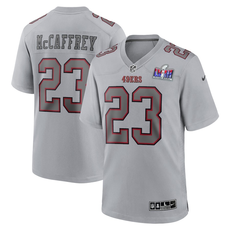 Mens San Francisco 49ers Christian McCaffrey  Gray Super Bowl LVIII Atmosphere Fashion Game Jersey