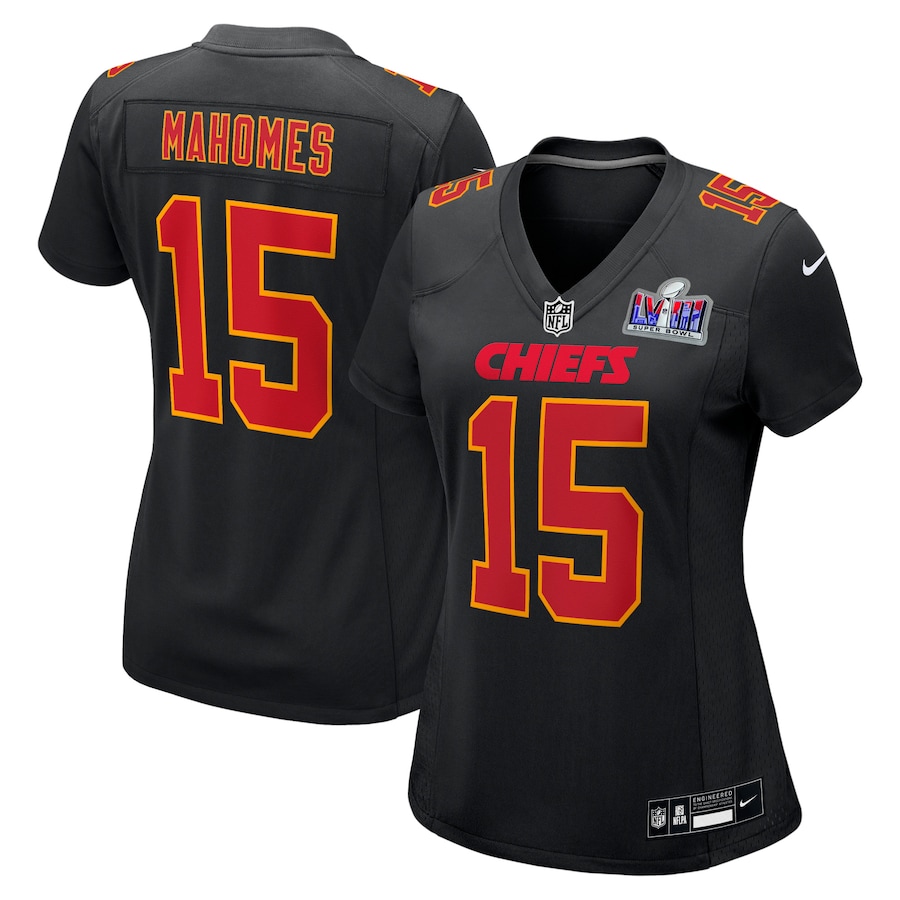 Womens Kansas City Chiefs Patrick Mahomes  Black Super Bowl LVIII Carbon Fashion Game Player Jersey