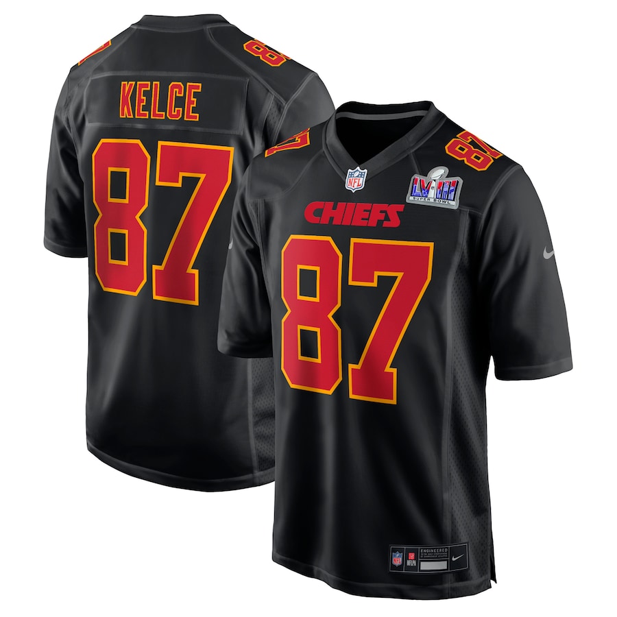 Mens Kansas City Chiefs Travis Kelce  Black Super Bowl LVIII Carbon Fashion Game Player Jersey