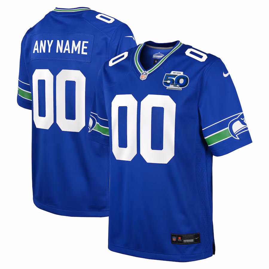 Seattle Seahawks  Youth 50th Season Throwback Custom Game Jersey - Royal