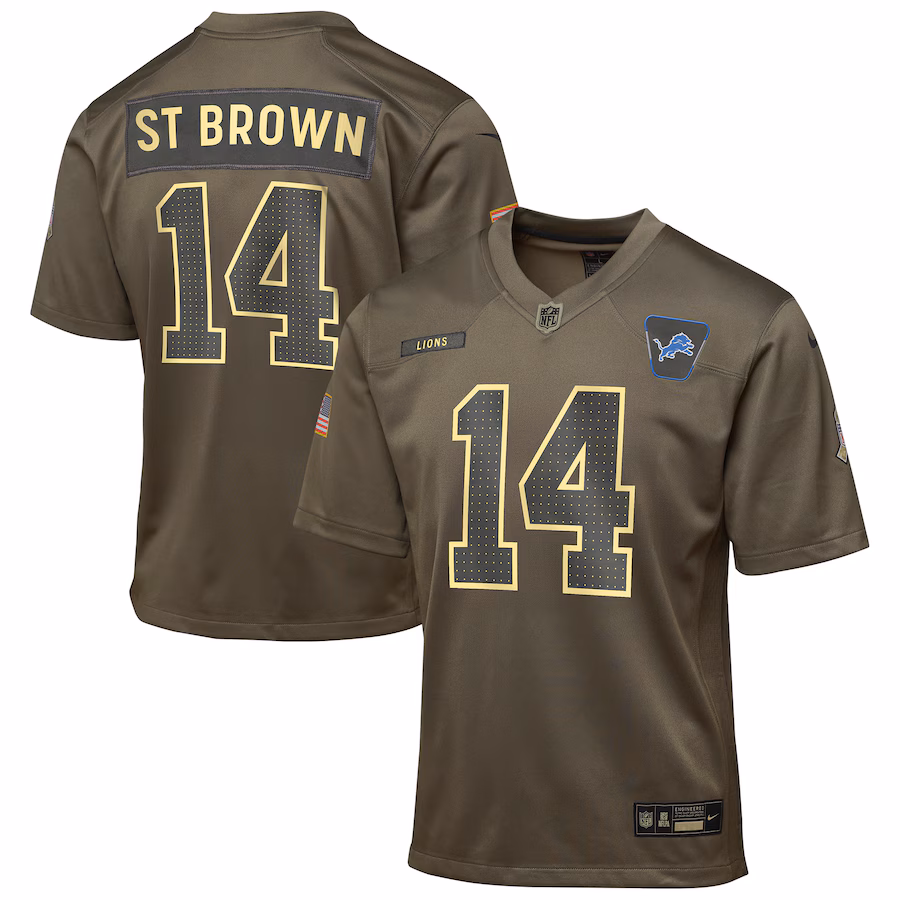 Amon-Ra St. Brown Detroit Lions  Youth 2025 Salute to Service Game Jersey - Olive