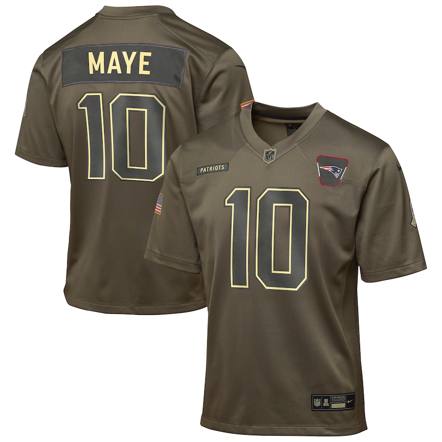 Drake Maye New England Patriots  Youth 2025 Salute to Service Game Jersey - Olive