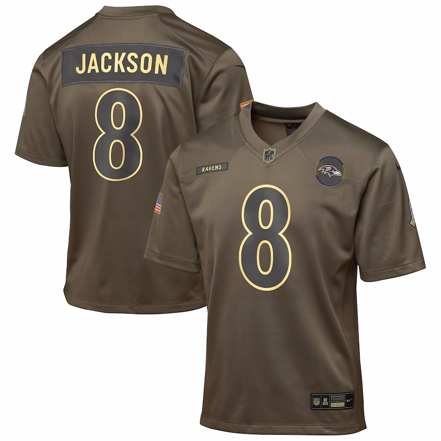 Lamar Jackson Baltimore Ravens  Youth 2025 Salute to Service Game Jersey - Olive