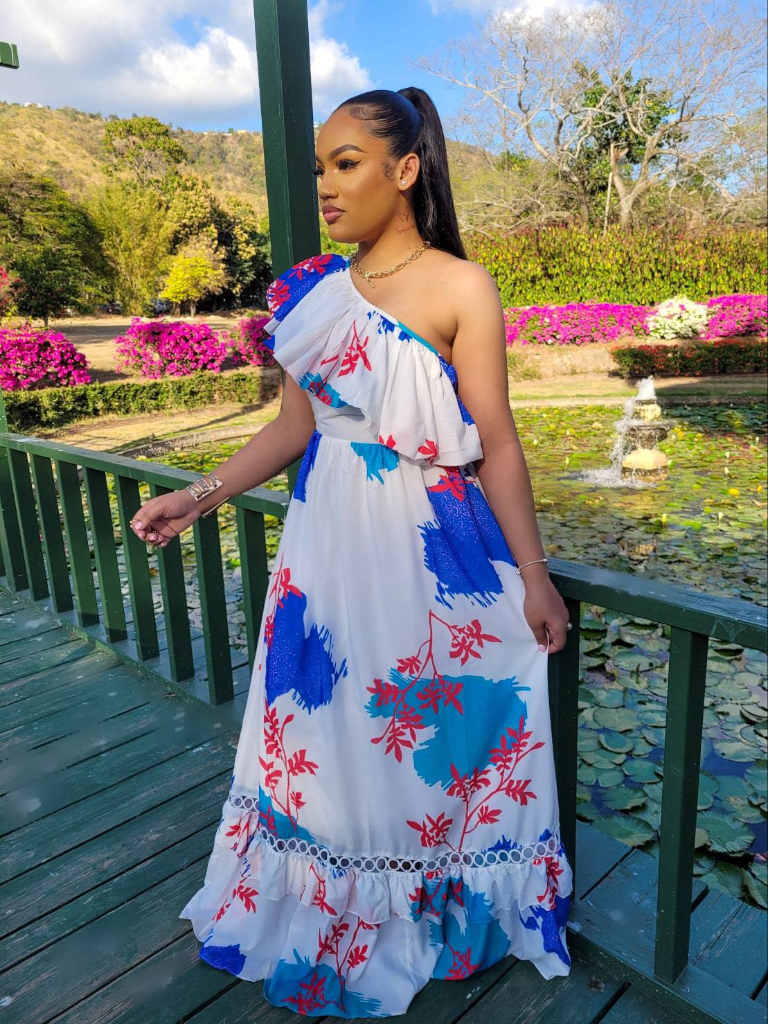 One Shoulder Floral Maxi (White/ Multi