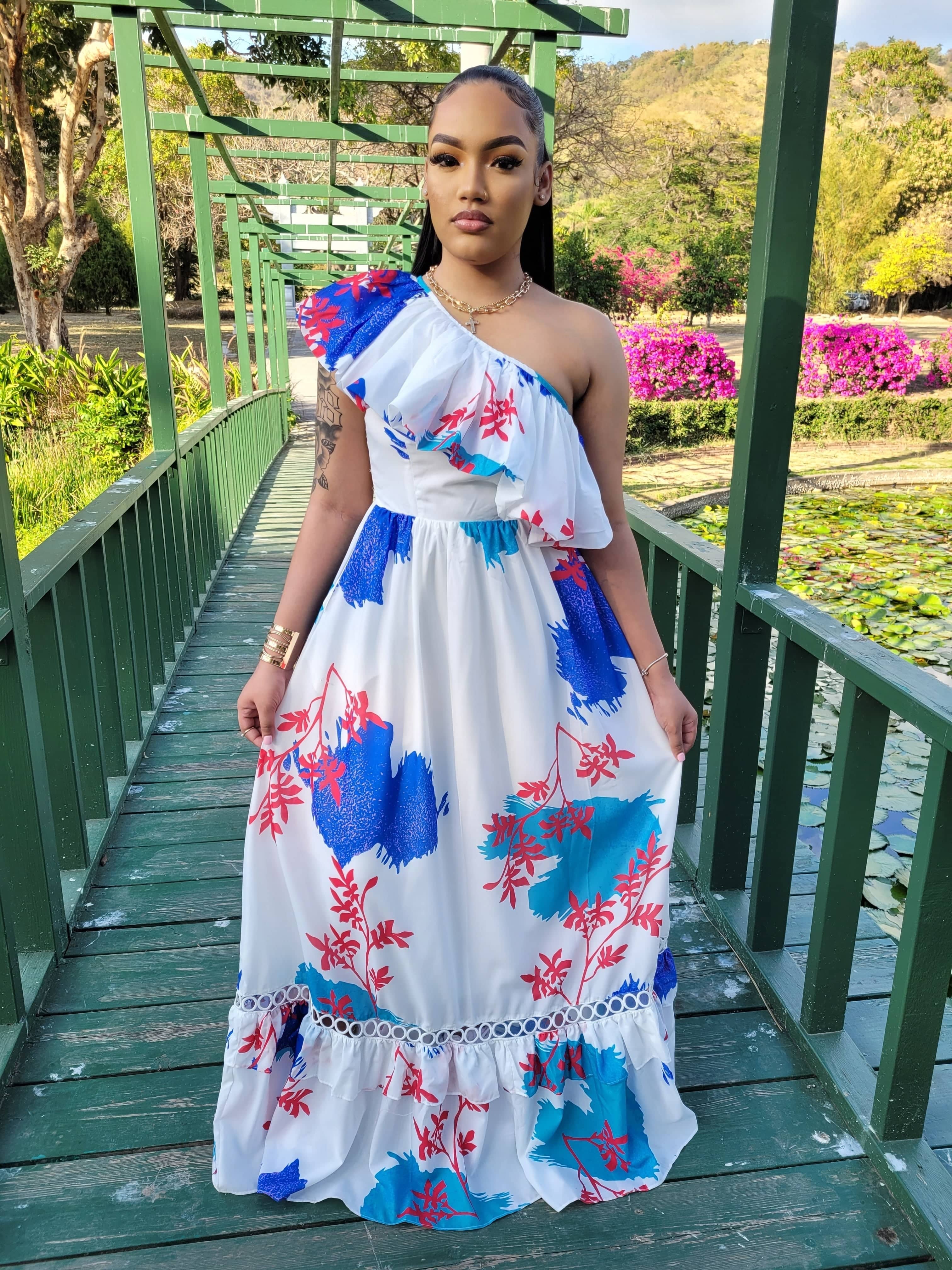 One Shoulder Floral Maxi (White/ Multi