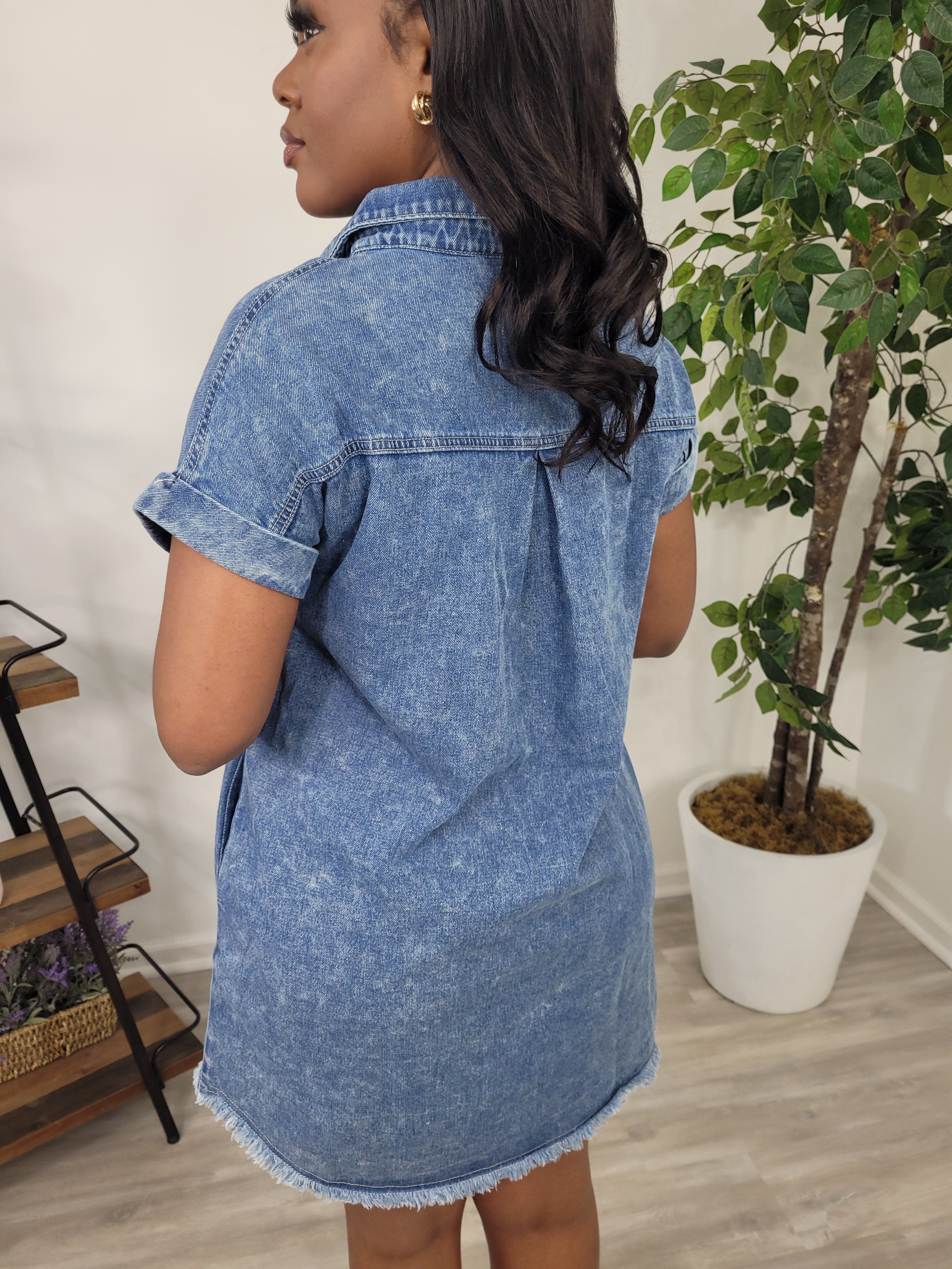 Fried Hem Denim Shirt Dress (Blue)