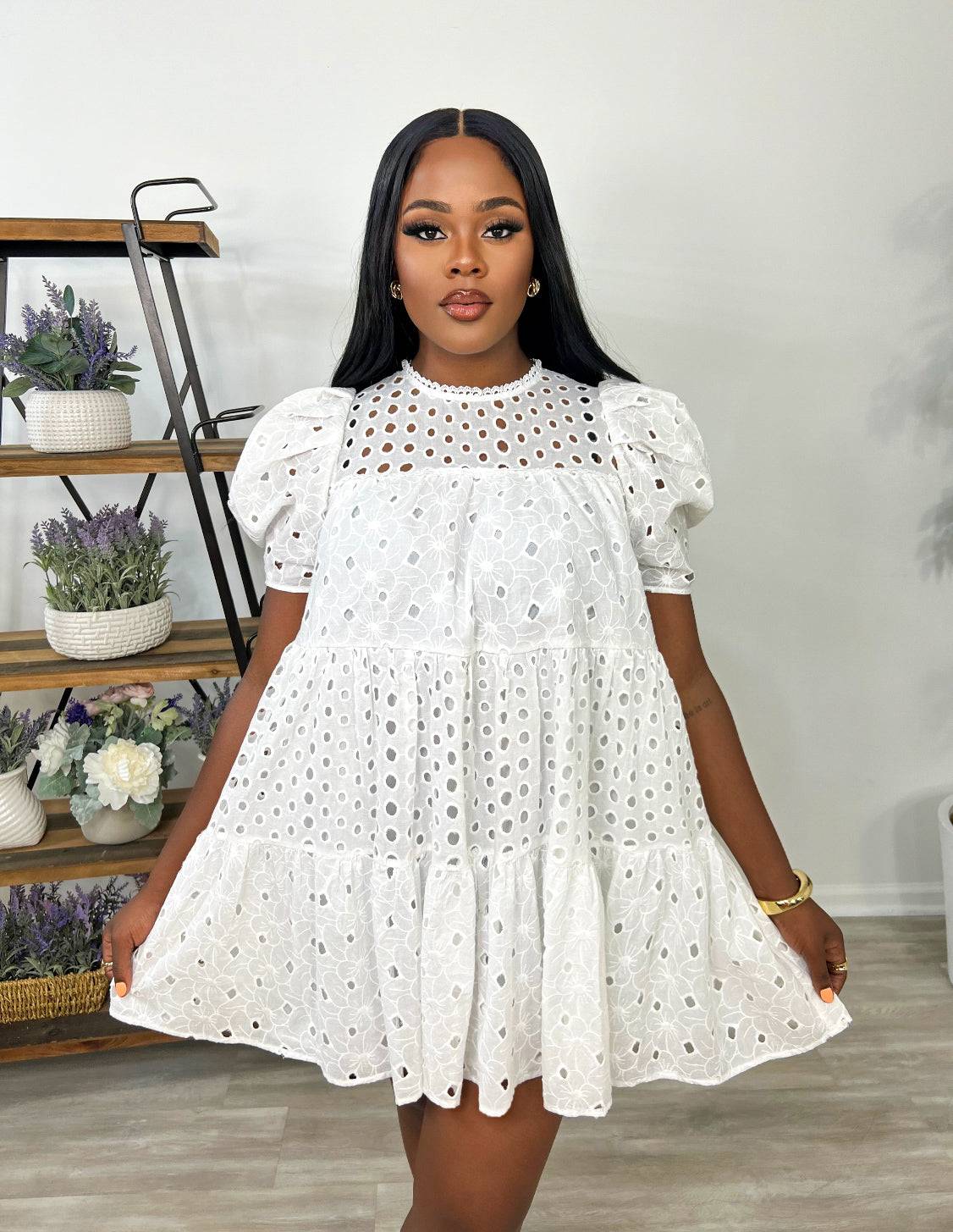 MILANNI EYELET MINI DRESS (WHITE)