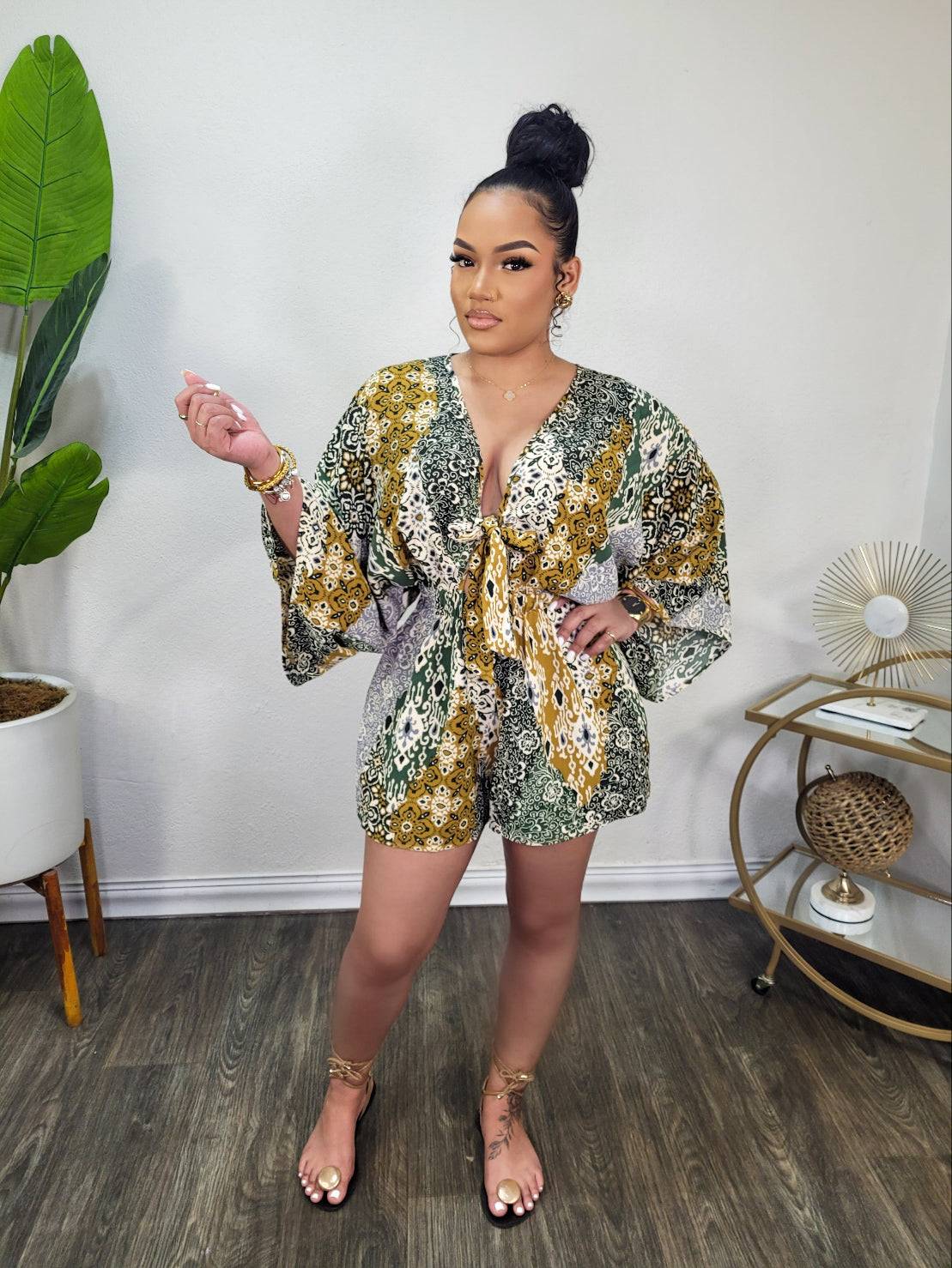 Abstract Print Badydoll Romper  (Green)