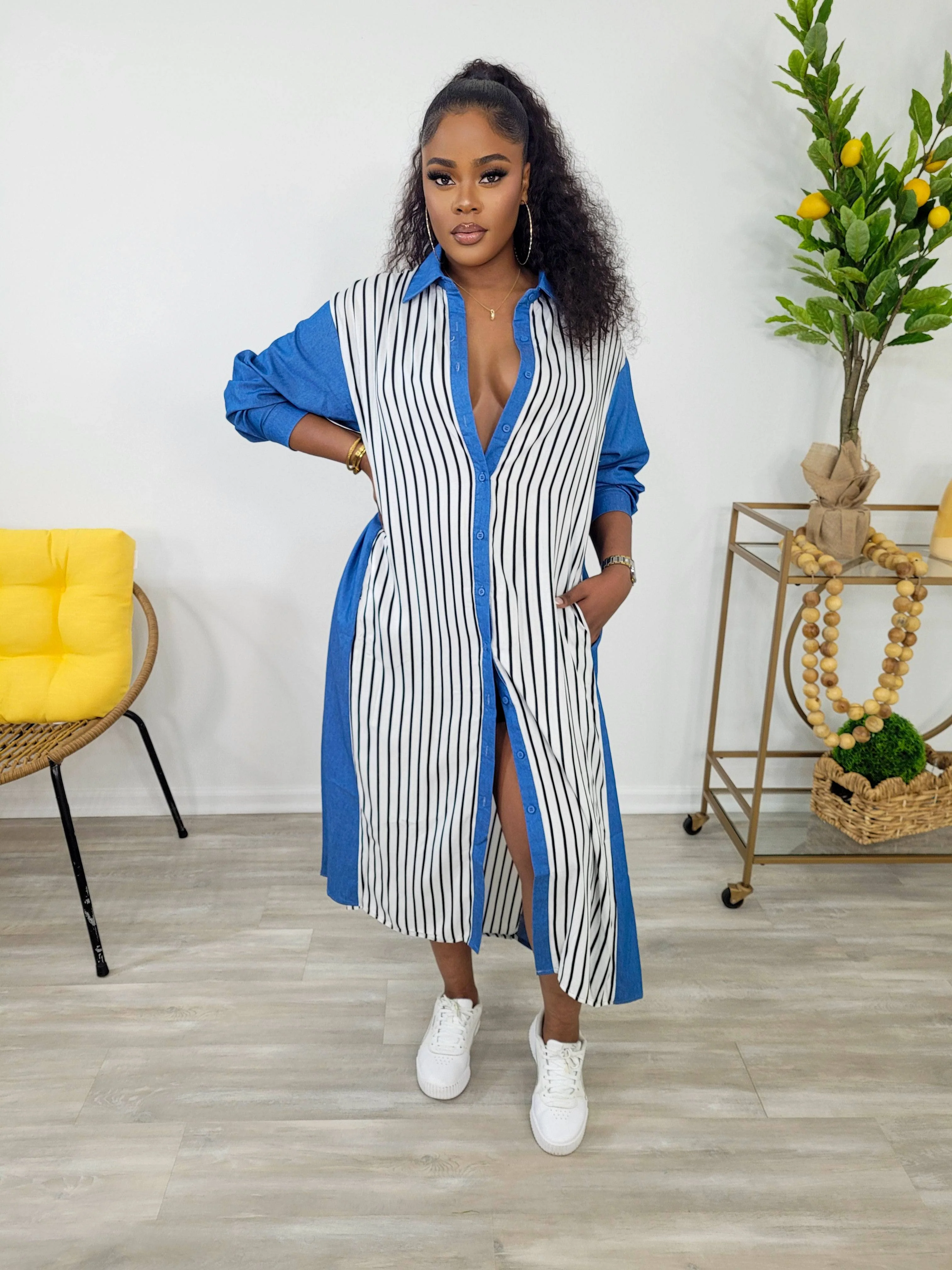 Mania Oversized Shirt Dress (Blue/White)