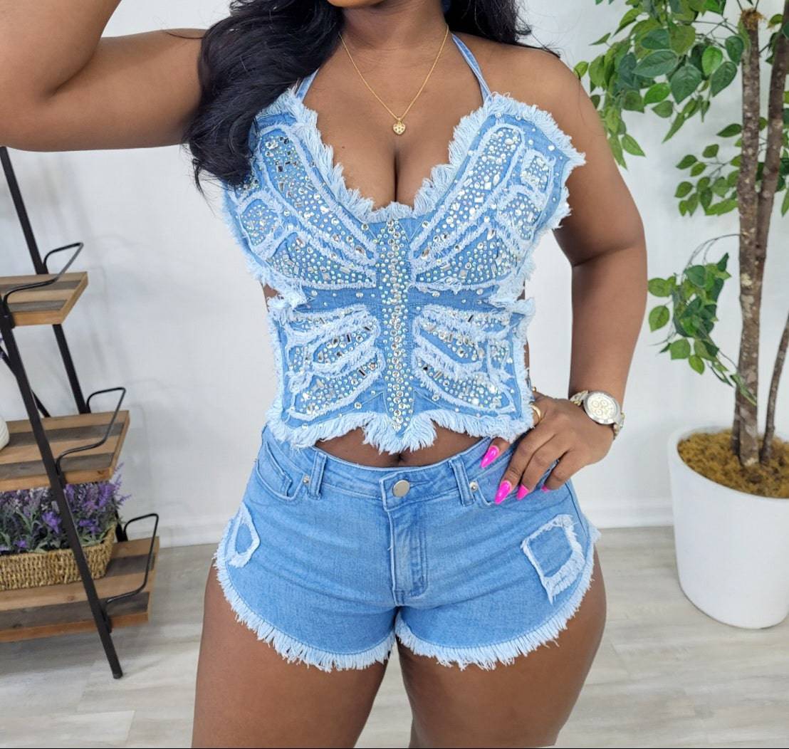 Butterfly Denim Short Set (Blue)