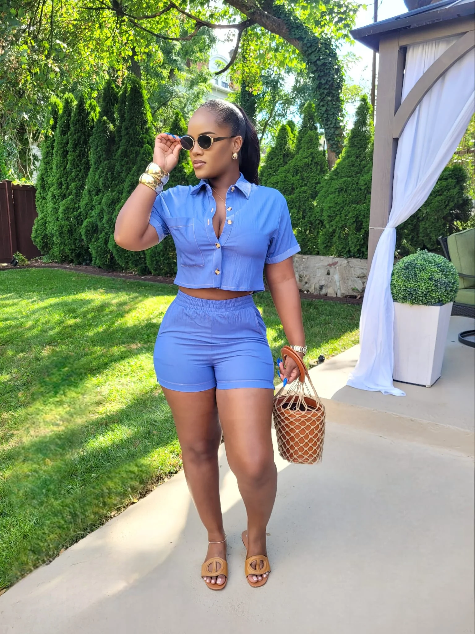 STITCH SOFT DENIM SHORTS SET (BLUE)