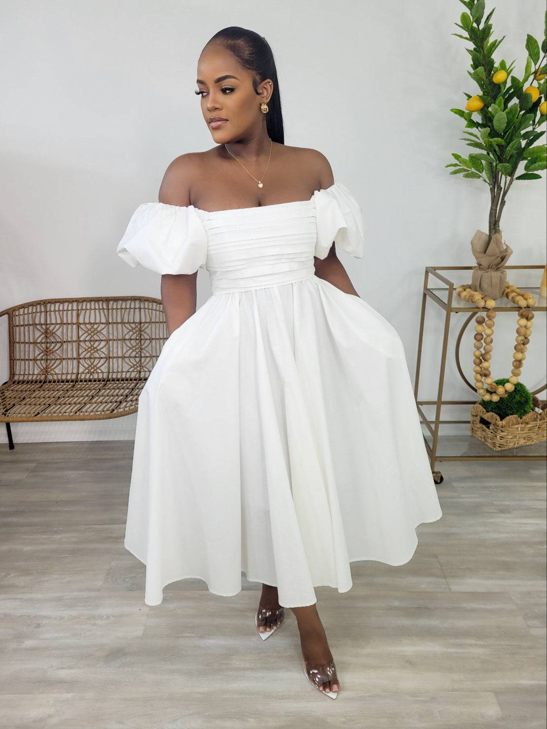 LUSH BALLON SLEEVE MIDI DRESS (WHITE)