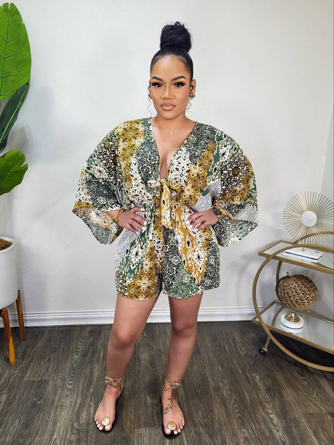 Abstract Print Badydoll Romper  (Green)