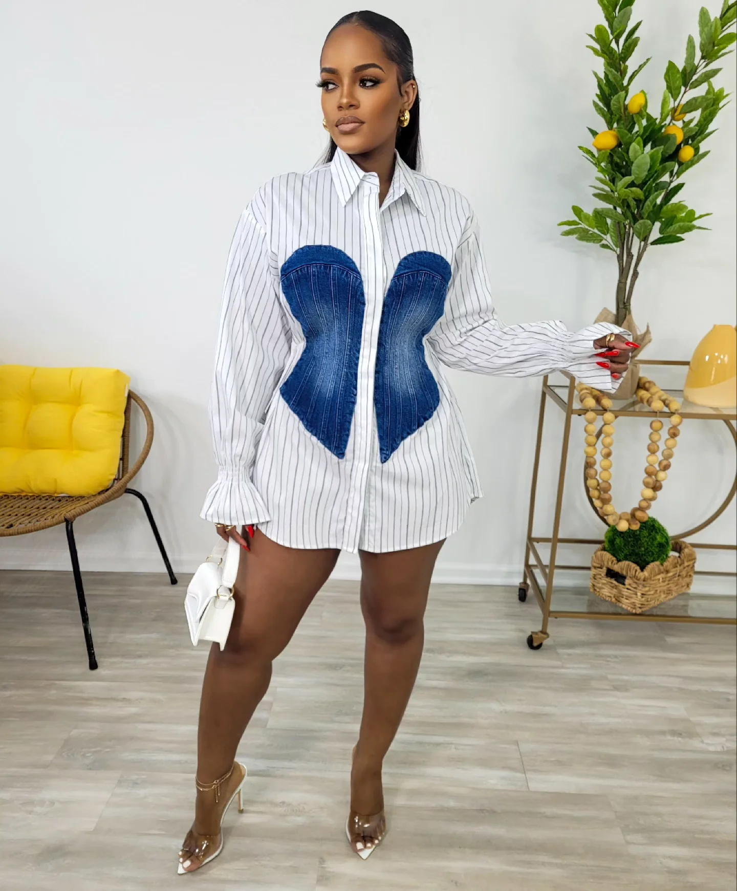 Denim Insert Shirt Dress (White/Blue)