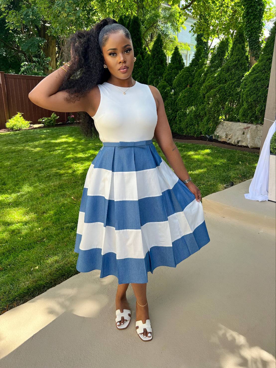 SWEETI SOFT DENIM  MIDI DRESS (BLUE/WHITE)