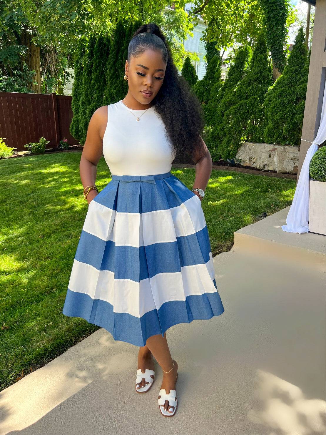 SWEETI SOFT DENIM  MIDI DRESS (BLUE/WHITE)