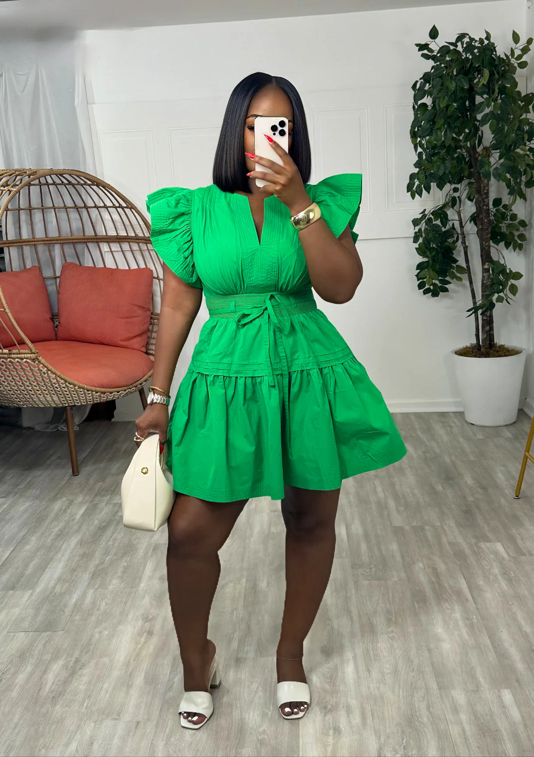 FLUTTER SLEEVE MINI DRESS (GREEN)