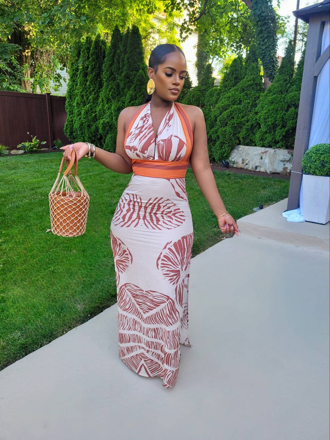 Tanzi Maxi Dress( Cream/Brown)