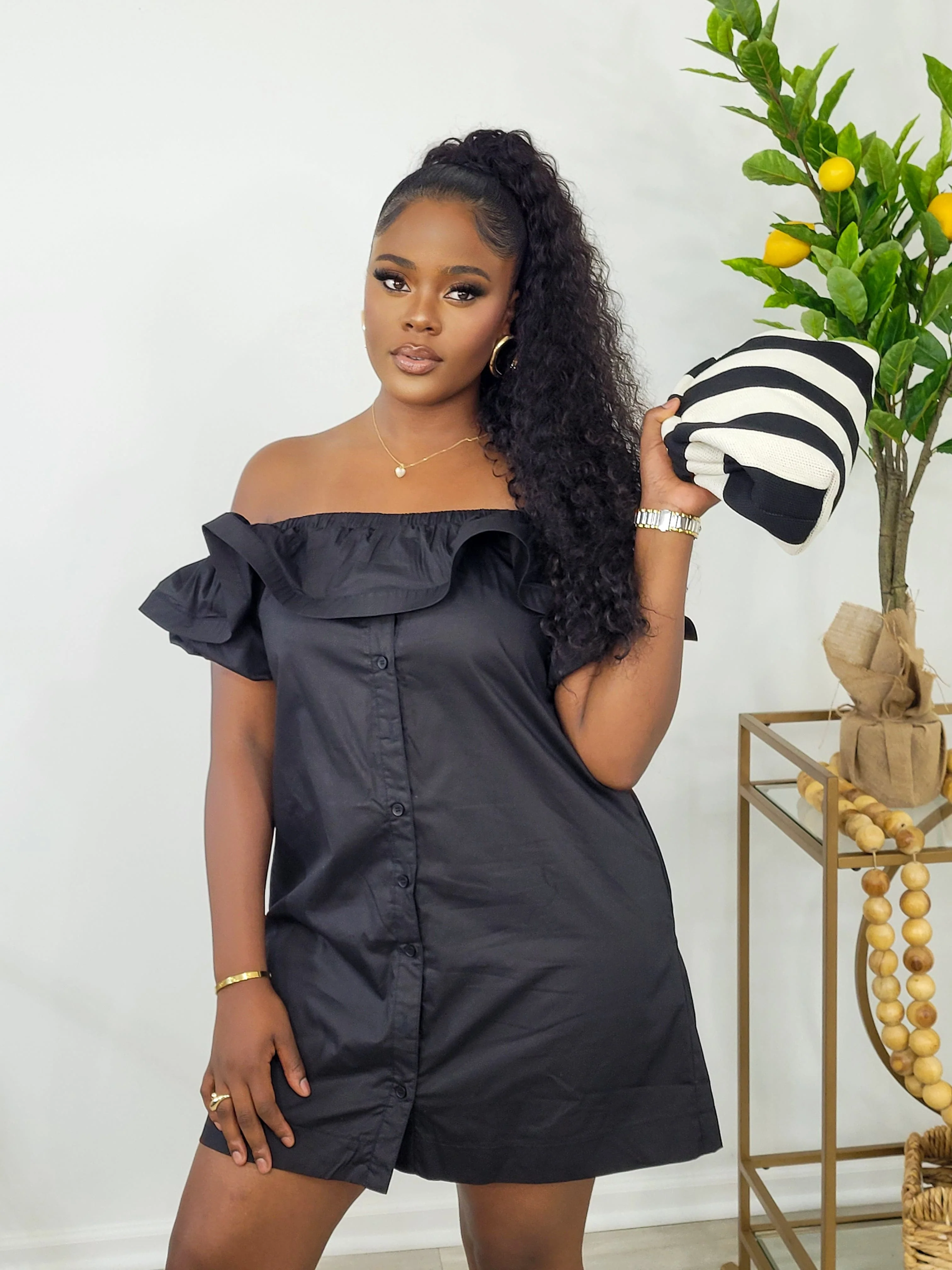 Miana ruffle Sleeve Mini Dress (BLACK)