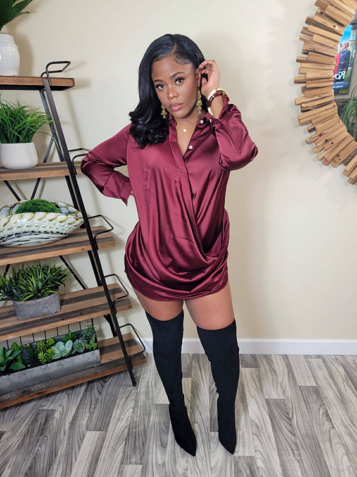 Drop Satin Shirt Dress (Burgundy)