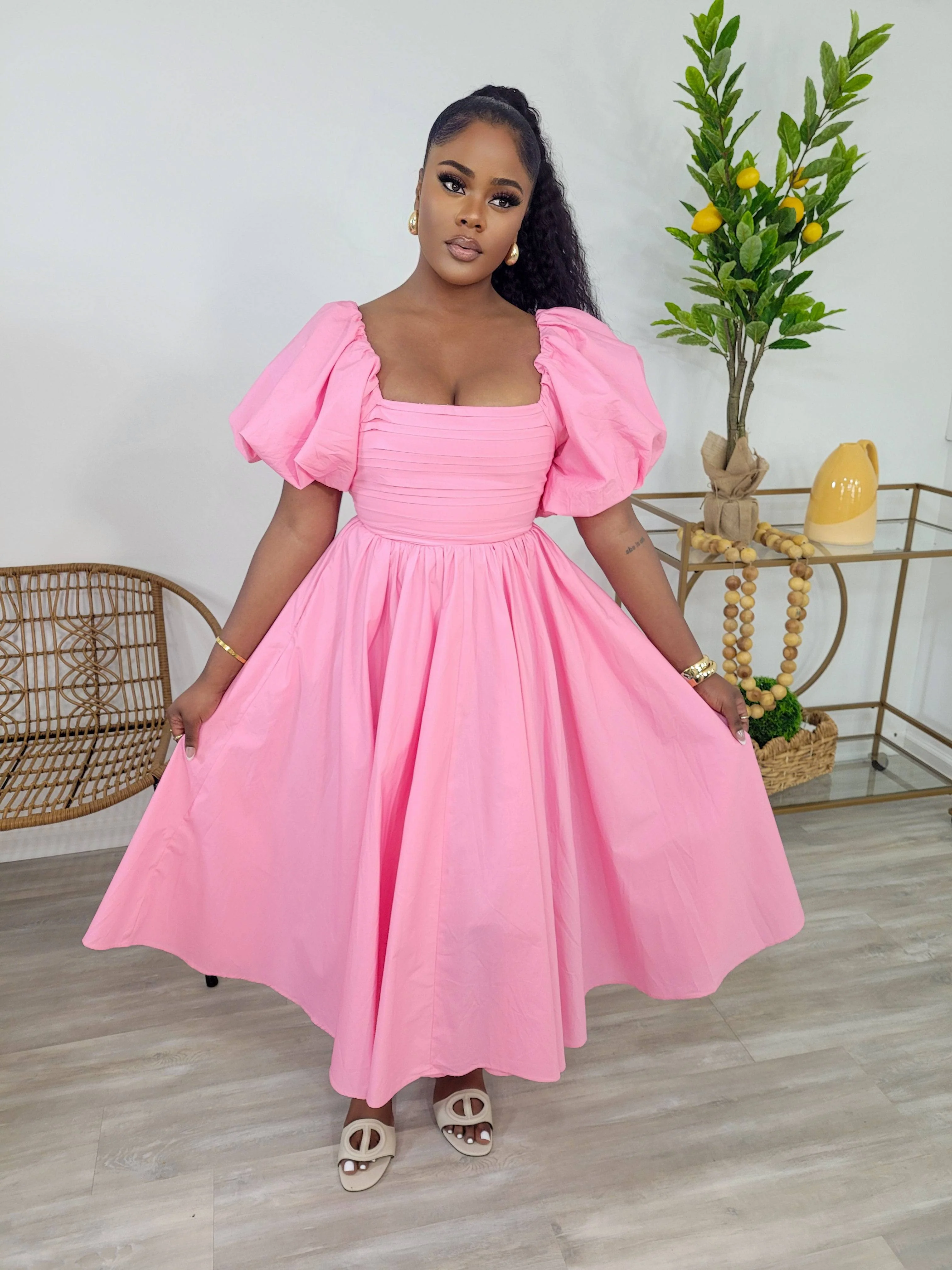 LUSH BALLON SLEEVE MIDI DRESS (PINK)