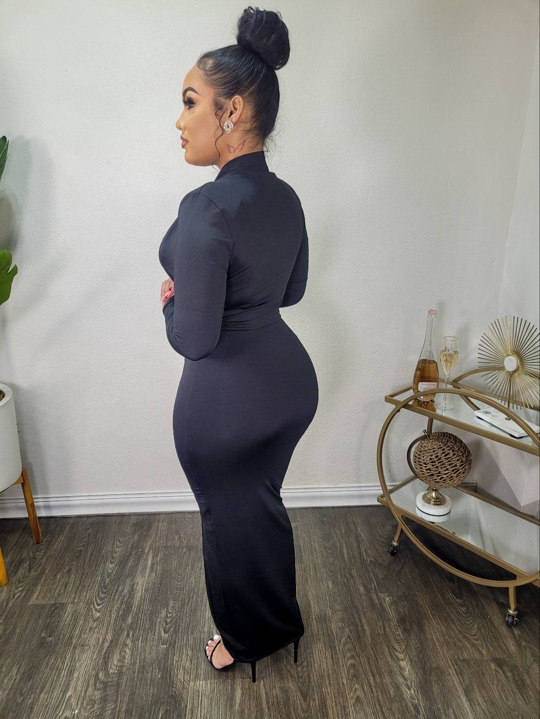 Mystique Deep V Midi Dress (Black)