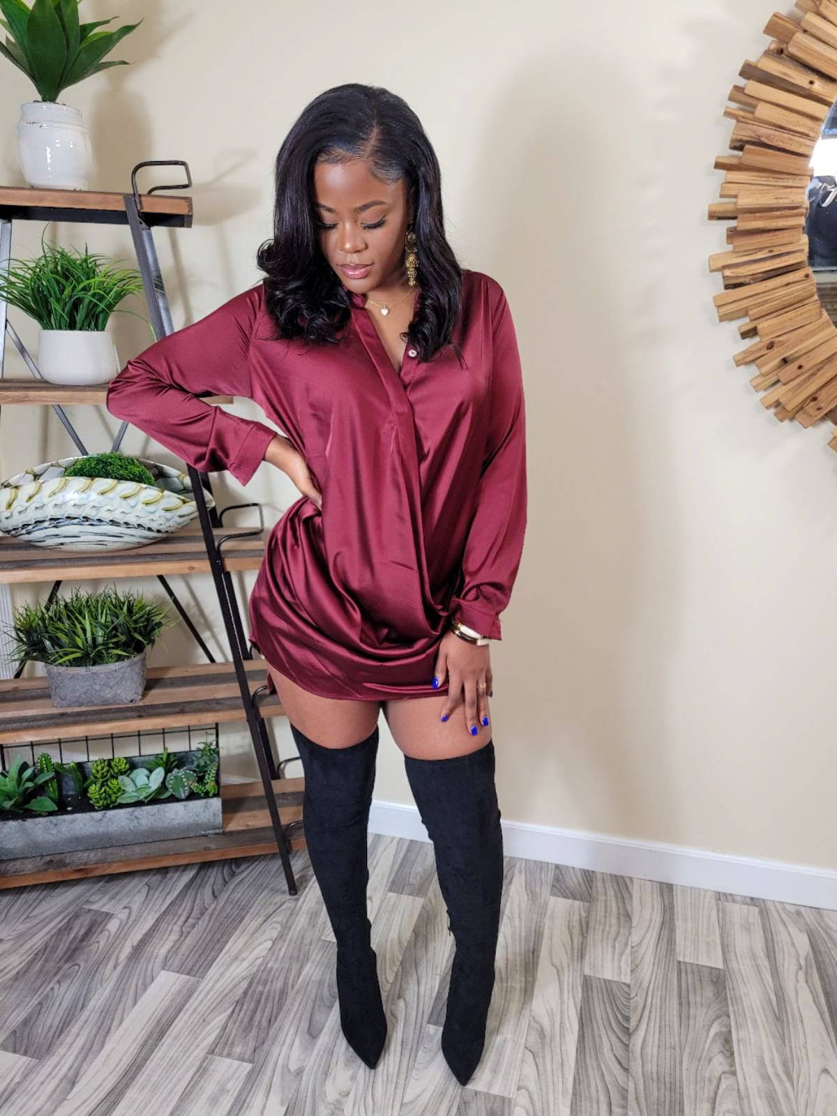 Drop Satin Shirt Dress (Burgundy)