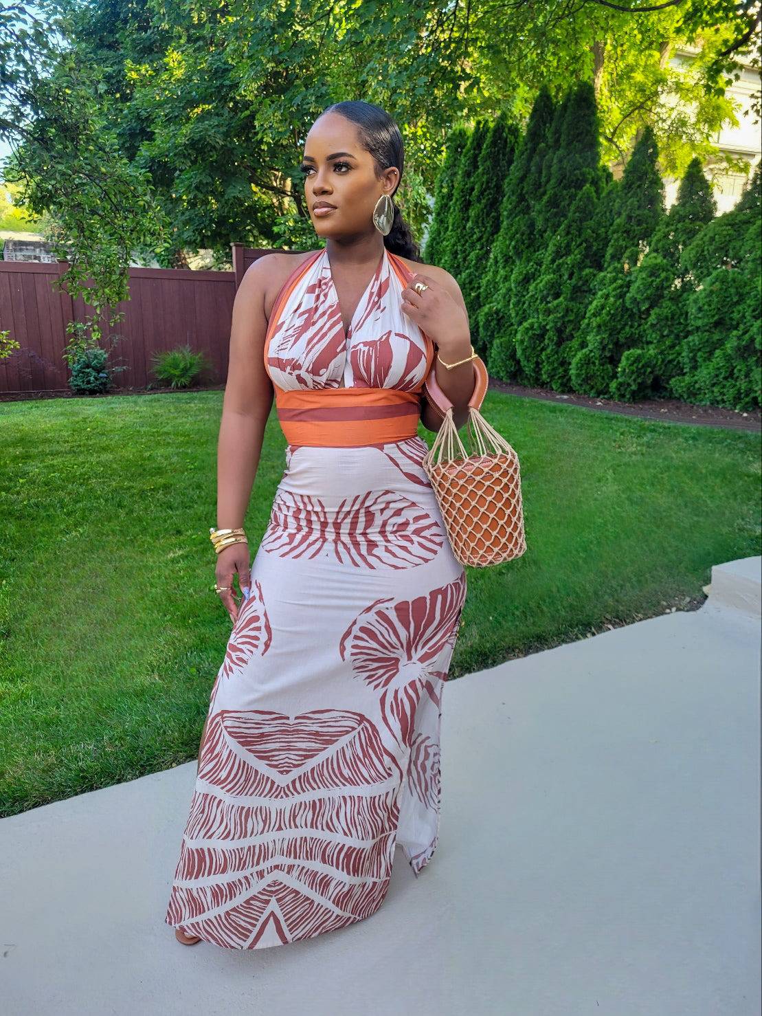 Tanzi Maxi Dress( Cream/Brown)