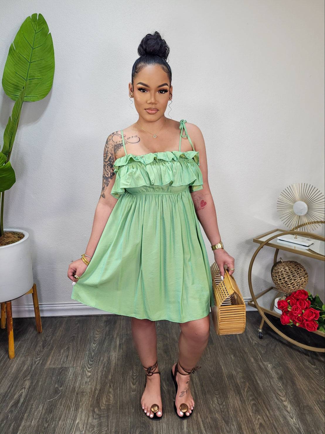 Sherice Ruffle Trim Mini Dress (Apple Green)