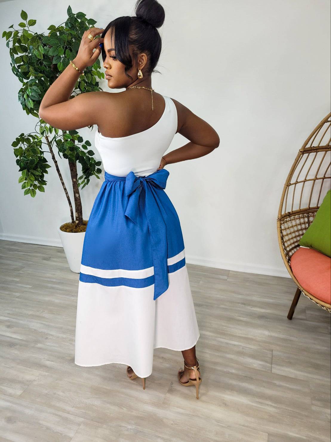 Silvia Color Block Midi Dress (White/Blue)