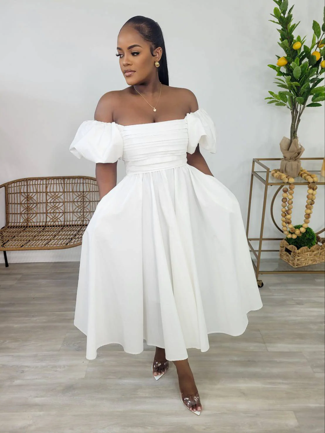 LUSH BALLON SLEEVE MIDI DRESS (WHITE)