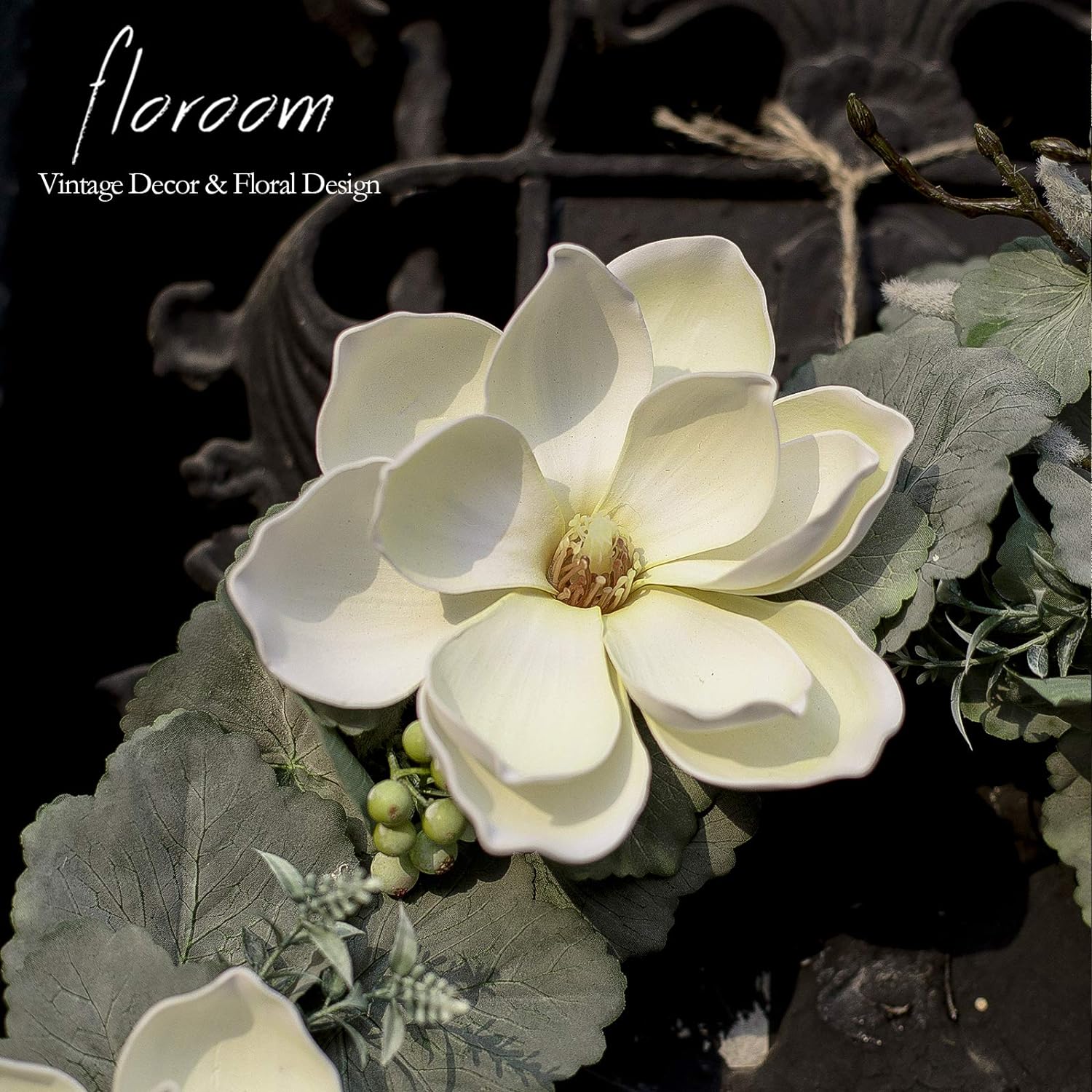 Floral Wreath, Door Wreath, 18'' Artificial White Magnolia Spring