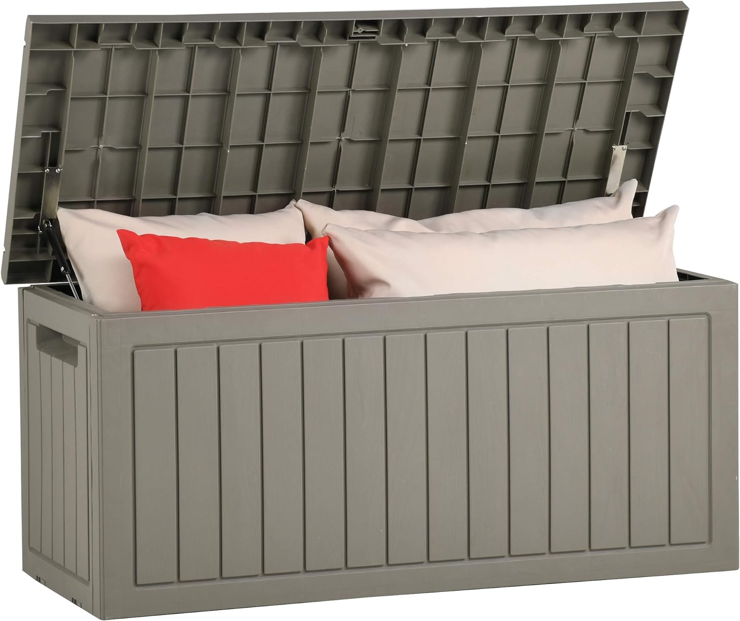 Dolonm 80 Gallon Deck Box, Outdoor Storage Box, Polypropylene Resin,Waterproof Resin Storage Bin With Lockable Lid - Light Coffee Color