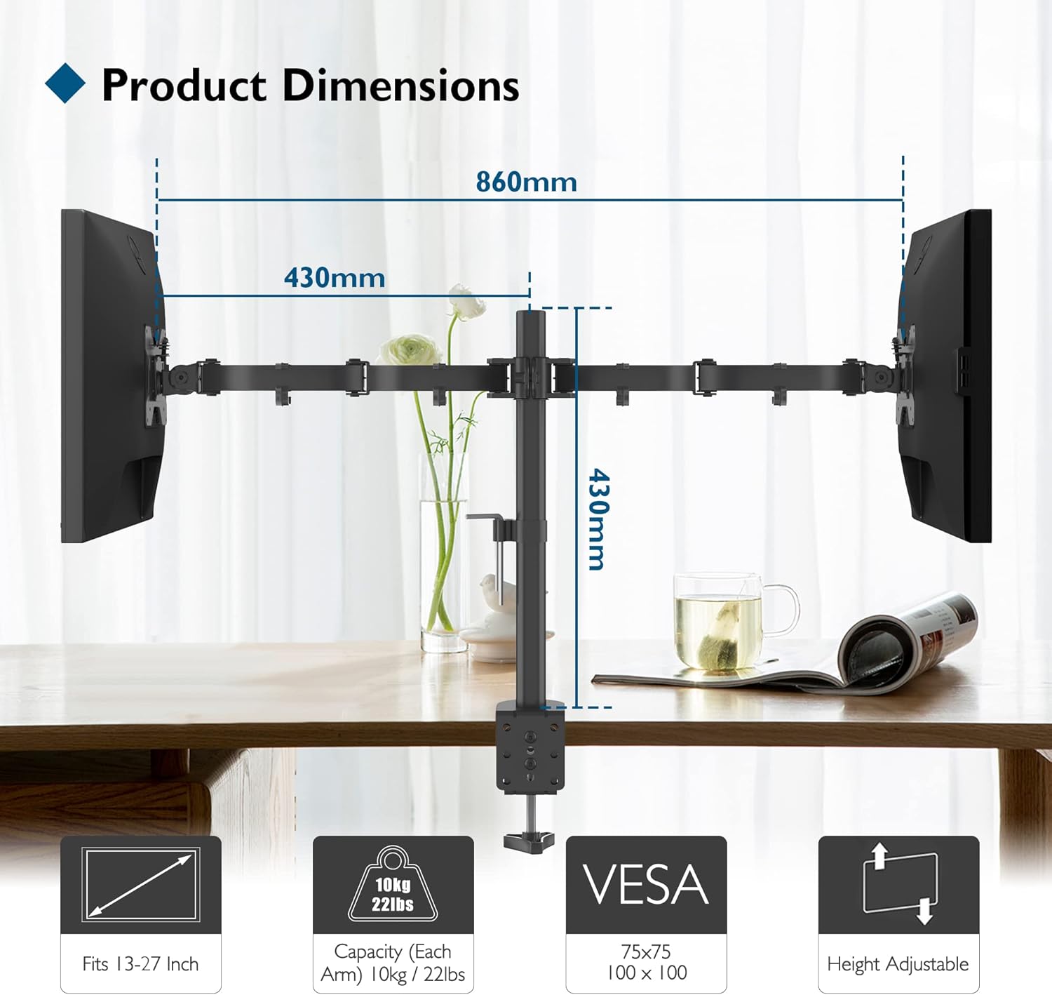 Bracwiser Dual Monitor Arm Mount for 13-27 inch LCD LED Monitor Computer PC Screens, Ergonomic Double Arms Stand Desk Mount with Clamp, Tilt Swivel Rotate, VESA 75-100mm MD7442